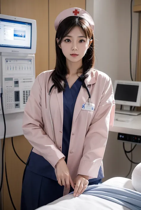 Nurse uniform　hospital　Japanese　woman　Age 30, Ultra high definition, Realistic photos　The background is detailed　Medical Equipment