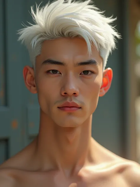 A young asian man, short white hair, slim, attractive to women, extremely detailed, hyper realistic, highly detailed, high quality, anatomically correct, precise, high resolution, masterpiece, photorealistic, soft lighting, fuji colors, everyday life