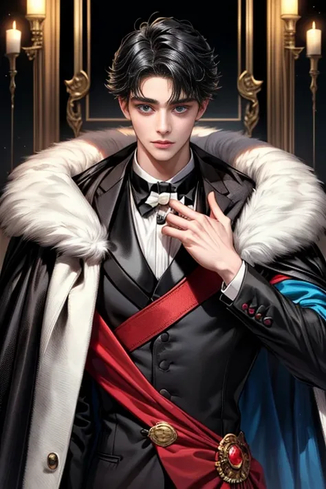 masterpiece, 最high quality, high quality, 1 boy, alone, Male focus, Upper Body,Watching the audience, Messy black hair, Adorable big blue eyes, White, Noble, Noble,A black and red cape that is bursting with sexy volume、Tuxedo、A very voluminous, large, very...