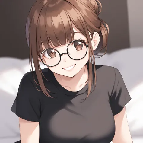 white girl, highly detailed black round glasses, black top, brown eyes, hair up, brown hair color, smiling, bangs, cartoon