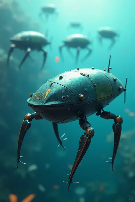 Create an image of a nanorobot (a robot not a creature) designed to combat water pollution, here are the features 1. Compact Design: Imagine a small robot with a streamlined body that resembles nanomachines.


2. Cores: Use shades of blue and green, reflec...