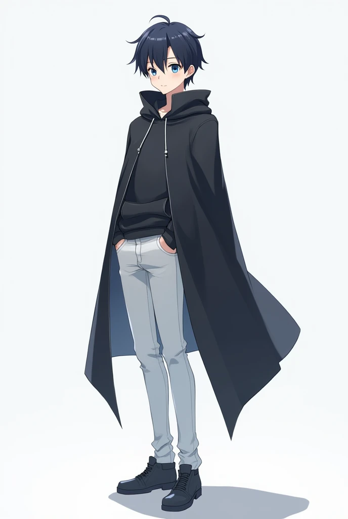 Human, anime, male, standing, wearing a black cape, calm pose, sky blue eyes, short black hair, friendly, looking straight, wearing white jeans, standing in a void place