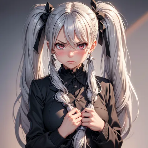 Twintails, Silver Hair, Large breasts, Earrings, Blush, Angry, Anger Vein, Simple background, Looking at the Viewer, Hair Ribbon, Depth Of Field, High Resolution, Masterpiece, Accurate, Best Quality, Detail, Award Winning, HD, UHD, School uniform 