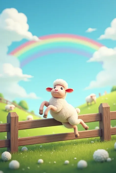 A sheep jumping over a farm fence. The background is a farm with other sheep and a cloudless sky with a rainbow. It should look very AI generated and fake