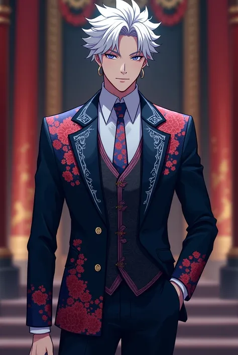 Gojo Satoru in the anime wears a cool groom suit with red and blue effects.