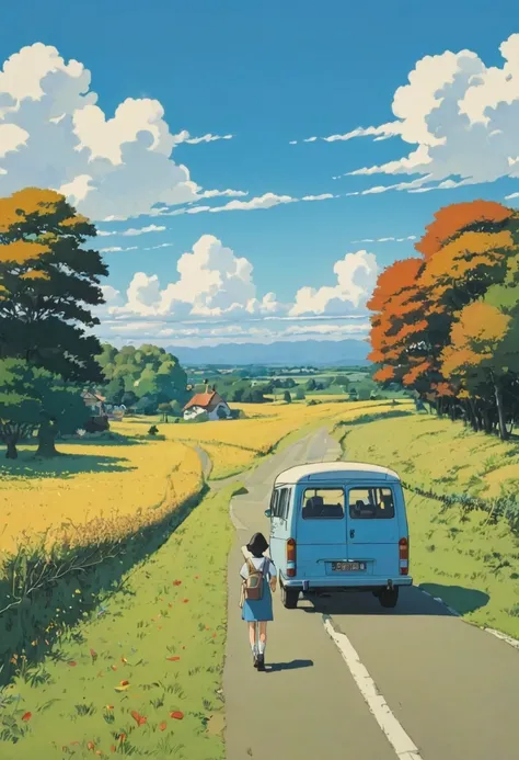 (minimalism:1.4), there is a minibus on the road, studio ghibli art, miyazaki, pasture with blue sky and white clouds,autumn,wom...