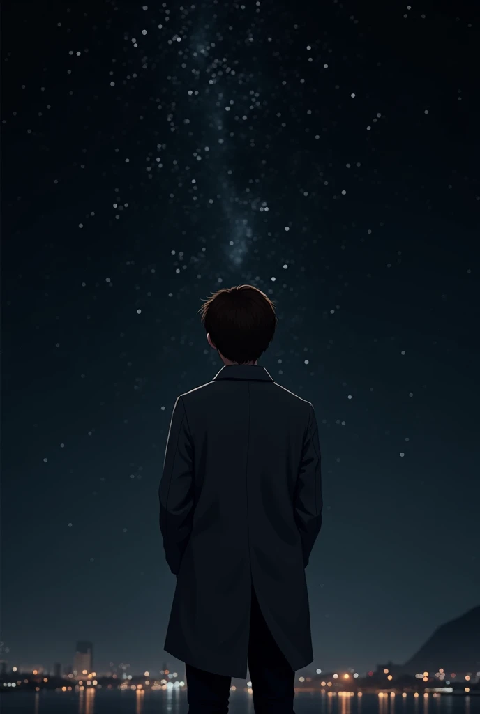 Male, brown hair, look at stars, black pants, back view, 3/4 angle, blank eyes, black sky, night, standing, sad aura, emotionless, grey coat, hands in pockets, masterpiece, 