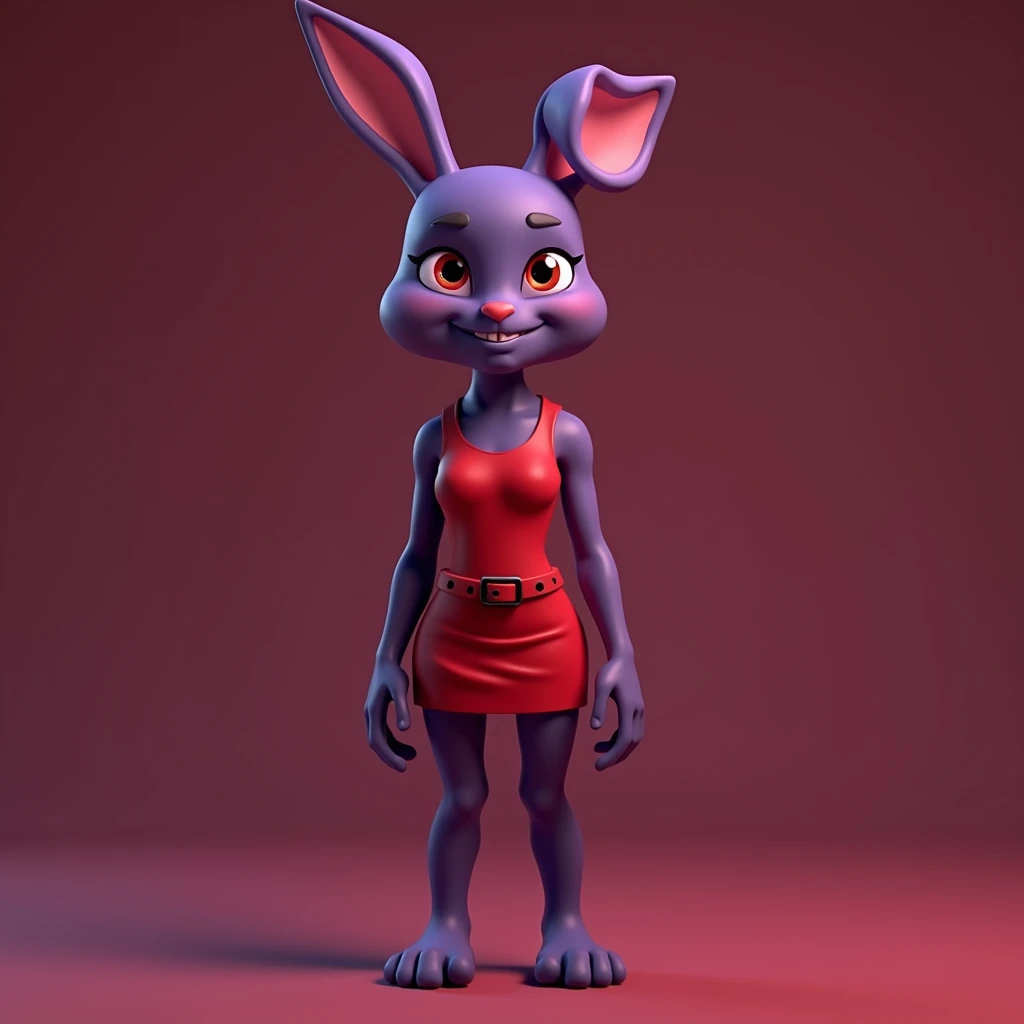 a cartoon bunny with a red outfit and a red belt, rendered in sfm, some red and purple, succubus in tight short dress, full body picture, red and purple, crimson themed, full body portrait of a short!, , purple and red, evil standing smiling pose, full cha...