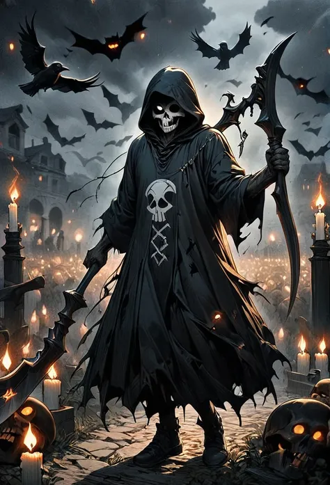 Undead man, skull face under the hood, black fire eye (long black tunic with hood, full body view, torn tunic) No feets, Cemetary path (deep field, highly details, high resolution, many details, nightfall, candles around) levitating, bone hands, Holding a ...