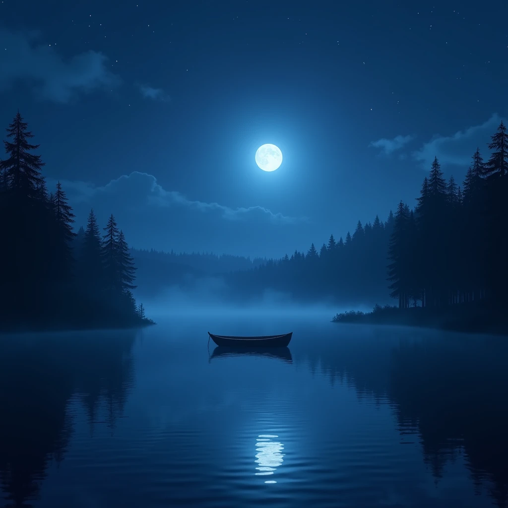 A vast lake under the soft glow of the moonlight, with the deep indigo sky reflecting on the still, wave-free surface of the water. Tall trees stand silently in the darkness surrounding the lake, and the horizon seems endless in the quiet of the night. The...