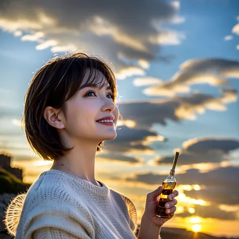 (Realistic, 超Realistic:1.4), 16K HDR, High resolution,((Whiskey Glass)),((Whiskey Bottle)),((Whiskey Glass)),Happy Smile、Short Hair,The best smile、Japanese Actress,so beautiful(It looks like the real thing),Evening Dresses,Cocktail Dresses、Whiskey Bottle、T...