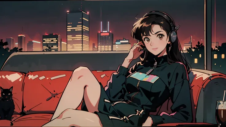 Best Quality, 8k, 1990s Style,Hairstyles of the 2010s 2: Young Women, Black Hair, Long Hair, Light brown eyes, Lofi,turtleneck latex dress , zipper,  Night view of Osaka, Wearing headphones,Have a smartphone, whole body,  Relax Coffee,Leather sofa,look at ...