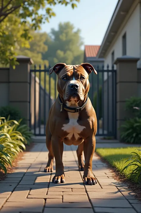 Pitbull guarding the grounds of a fenced-in house