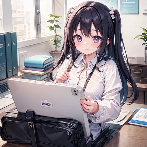 One girl, solo, High resolution, masterpiece, cute、Beauty、Healing、desk、Work Room、smile、blush、Doing work、suit、