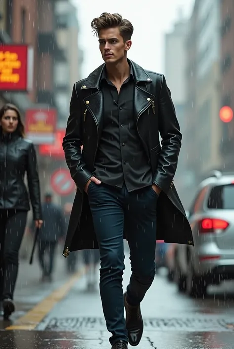 A cool young man walking in the rain without an umbrella