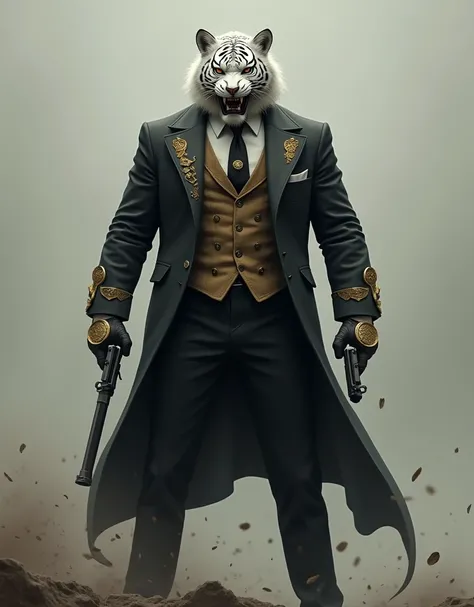 RPG, realistic tall man, a white tiger mask covering his face, metal mask, tall figure in suit and vest with white tiger mask, the mask has golden intricate embellishment designs, angry expression with intimidating look, having weapons, highly detailed, st...