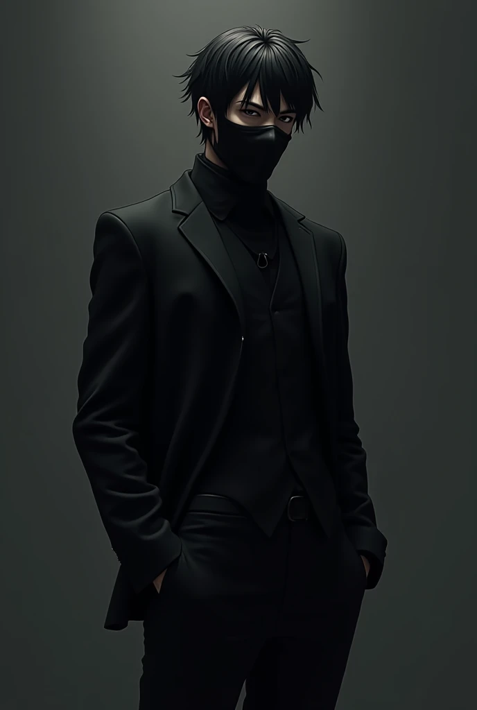 Anime man, black mask, black hair, wearing a black suit, standing with hands in the pockets of black pants