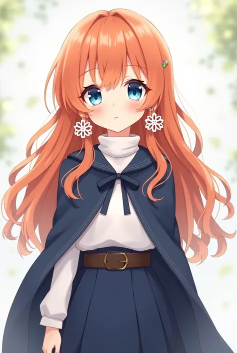 Livia is a petite girl with a gentle face and wavy, bright orange hair that reaches her waist, with bangs to make her face look rounder while the sideburns on both sides are braided, double-crossed. Her big, round blue eyes make her look even more adorable...