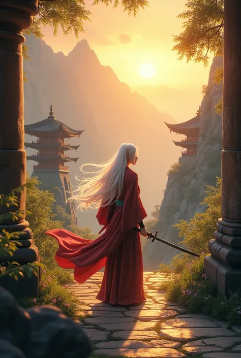 A  young  man with beautiful White hair with a katana at the mountain temple sunset time 
