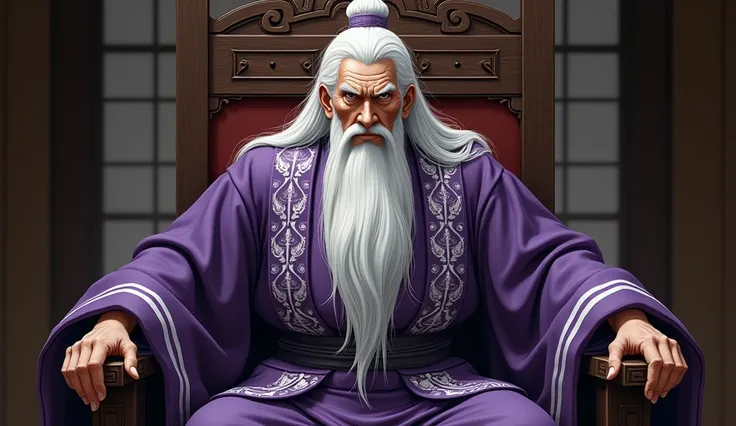 A photo of a japanise man has a stern, regal appearance, sitting on a throne-like chair. He has long, white hair that flows past his shoulders and a matching long white beard. His expression is serious, emphasizing his aged yet powerful demeanor. He is wea...