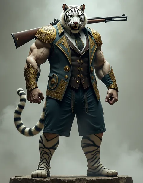 RPG, realistic tall tiger, a white tiger mask covering his face, metal mask, tall tiger figure in suit and vest with white tiger mask, the mask has golden intricate embellishment designs, hybrid of tiger and human, angry expression, holding a shotgun on hi...