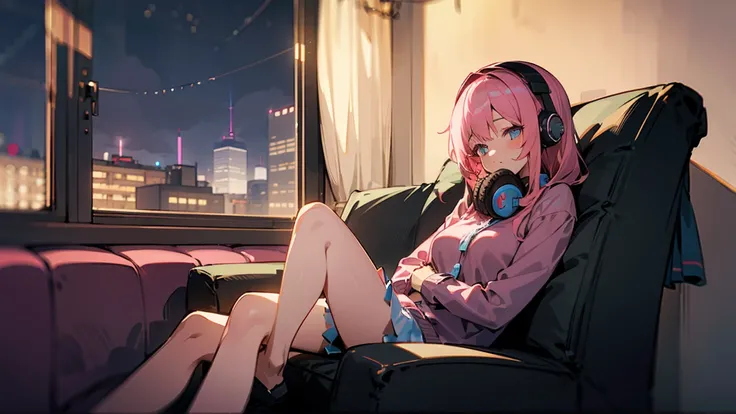 Highest quality,Girl resting on sofa,Pink Hair,Private Server,Headphones,In front of a large window,Outside the window is a night view