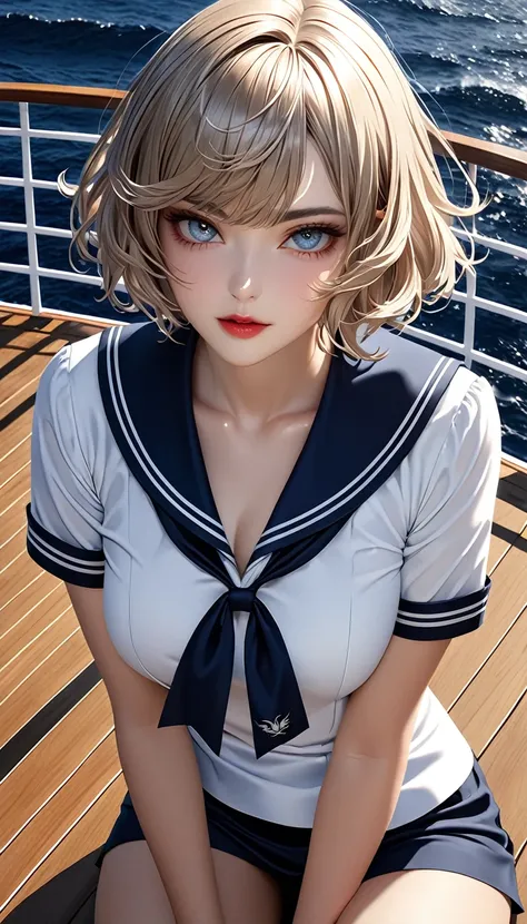 cool beauty, glossy silky messy wavy short hair, striking beautiful eyes, fascinating, make-up, amorous and lewd expression, wearing sailor uniforms, perfect proportions, background on the deck at sea, delicate and dynamic textures, contrasts of light and ...