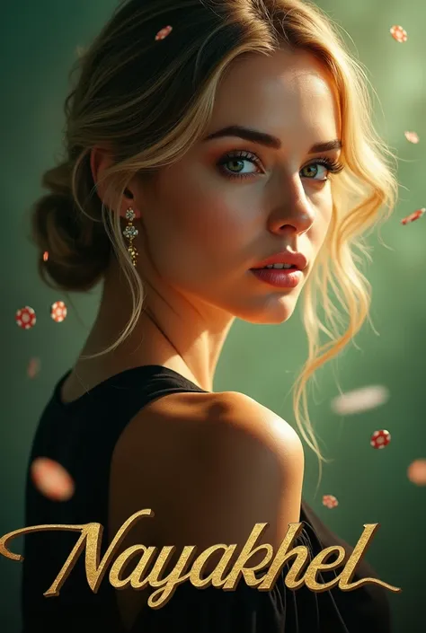 Desing a poster for a brand named "NAYAKHEL" about online casino games and gambling, with russain girl,  color scheme should be used are; light green, black and golden, 