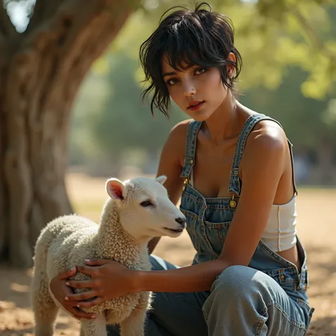 (best quality,4k,8k,highres,masterpiece:1.2),ultra-detailed, Sumerian Goddess Lahar as a college student, Middle eastern, tomboy, farmgirl, college student, pr1y4nk4, 20 years old, overalls, caring for a lamb, HDR, 8k, absurdres, cinestill 800, sharp focus...