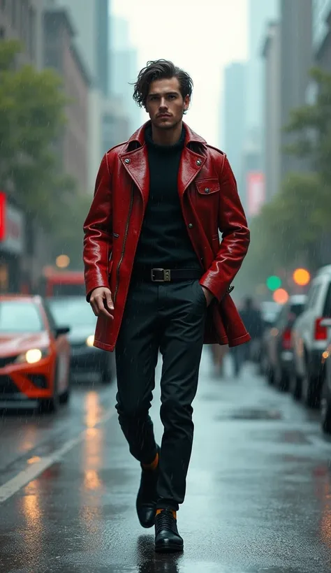 A cool young man walking in the rain without an umbrella