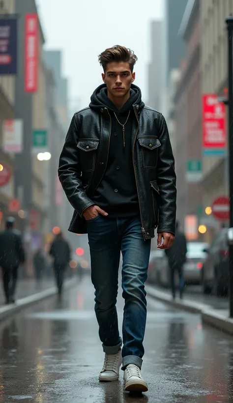 A cool young man walking in the rain without an umbrella