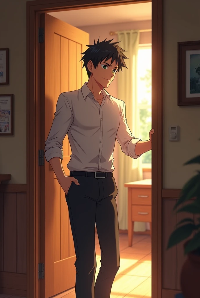 Adult anime man opening door entering room in a friendly manner

