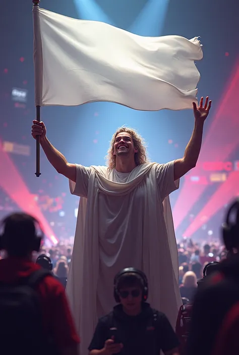 A godlike fan boy holding godlike eSport flag at lan event (same image with plane white flag)