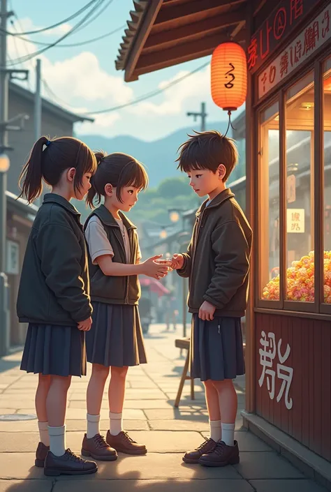 Elementary school students playing gachapon at a candy store in rural Japan、Outdoor、