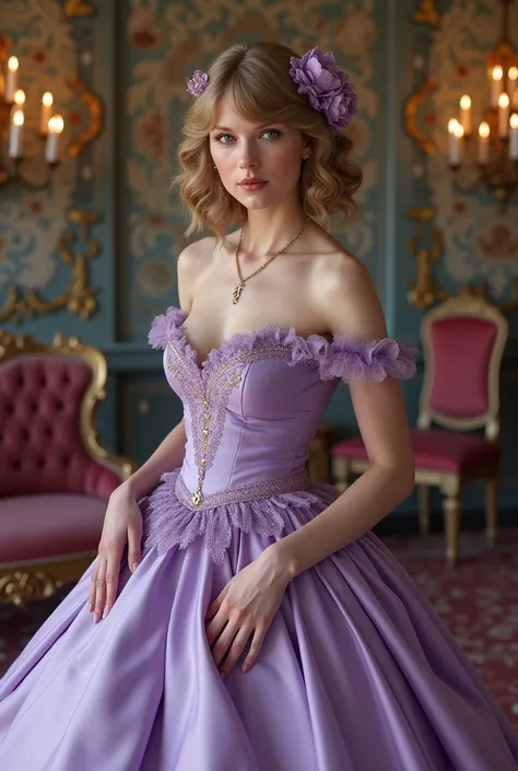 Taylor Swift in extravagant lavander dress in Victorian Era whole bosy