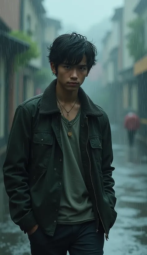 Cool young man walking in the rain without an umbrella　A worried look　Landscape