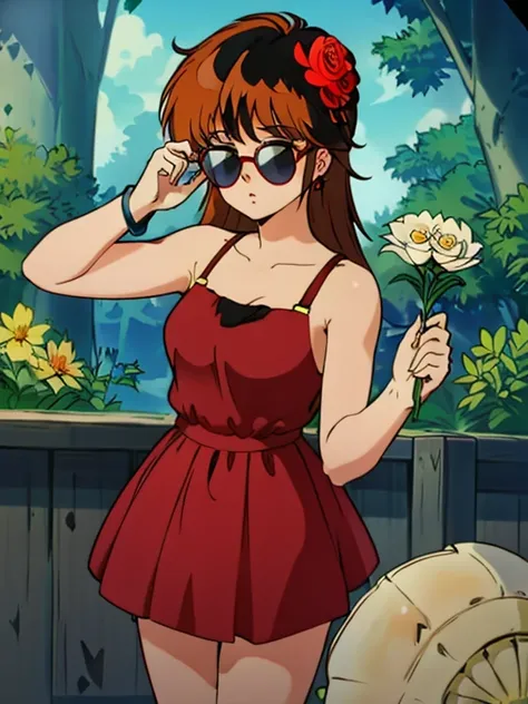 Absurd, High resolution, Ultra detailed 1 girl, Alone, Very fine grain, Starfish, seashell, shell, flower, Have, Hair accessories, jewelry, straw Have, Watching the audience, sunglasses, Have flower, straw, Hair Clip, earrings, red flower, Tinted Glasses, ...