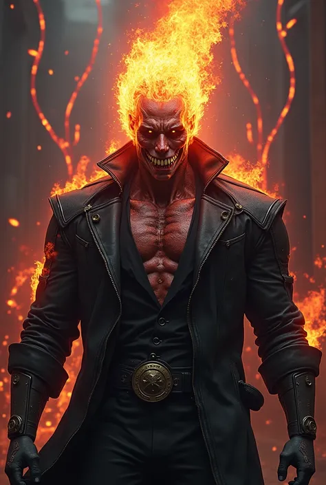 Resident evil  t virus mix  solo leveling main char combine dmc5 vergil  mix ghost rider combine venom spider details,looking front a viewer with helldog power mix thanos  details as human form anti hero men,ghost rider hell flame head, wears samurai suit,...