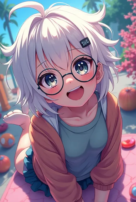 An anime character with white hair and circular glasses with cool vibe with enthusiasm on face