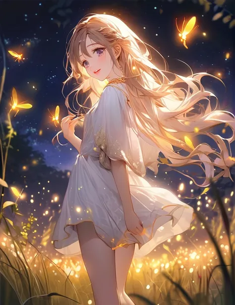 淡い紫色のhair色、masterpiece:1.2,Best Quality, High resolution, 16k, Beautiful details, beautiful girl, Standing in a beautiful pose, 紫色のhair色、Smiling Kindly, flowing hair, Night Grassland, Firefly in hands, Firefly on hair, Many Firefly fly around:1.3, Fireflie...