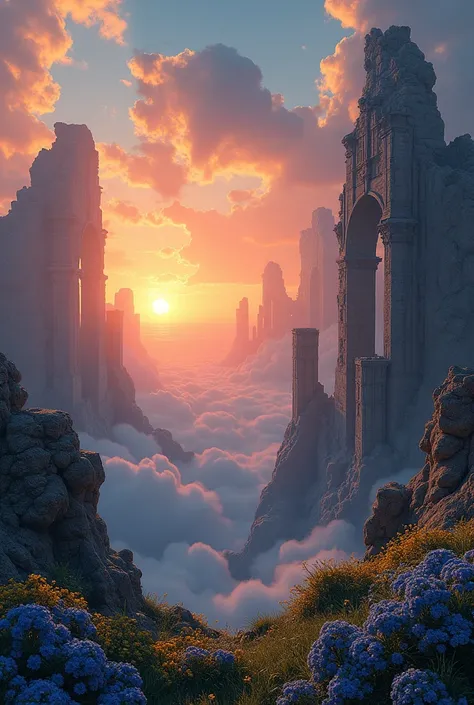 Magnificent pale orange sunset and blue sky at an angle viewed from the ruins of an ancient city in the sky　Plus lots of blue and yellow flowers　more realistic　No depictions of people