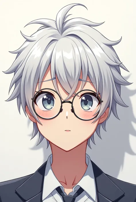 An anime character with white hair and circular glasses with cool vibe with enthusiasm on face with mature vibe