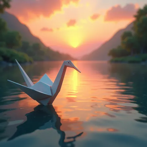 Generates a macro style image, with a paper crane (origami style, simple, minimalist) on one side of the image, on a hyperrealistic landscape of a sunrise on a lake, colorful, resplendent