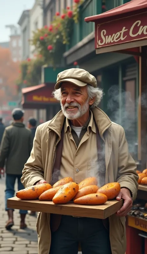 An old man selling steaming hot roasted sweet potatoes