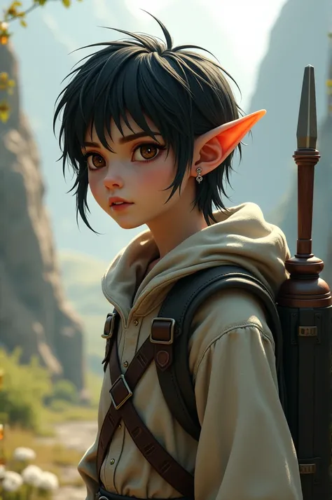 Middle Ages, elf. A guy, about 1, with long elf ears with earrings on them. Brown eyes, sharp eyes. Pale skin, black hair, medium length. Minimalistic clothes, backpack on the shoulder. Col