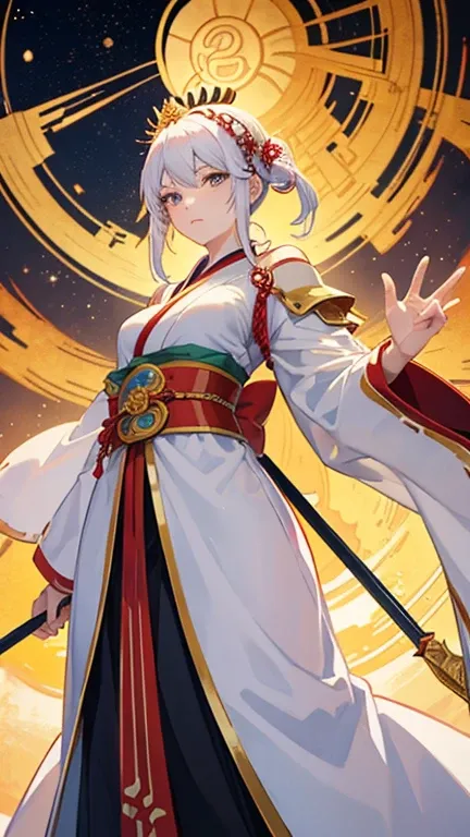 Tarot Anime Style　Cartoon images of women　Draw Empress Jingu as a woman dressed in traditional Japanese clothing.。She is a warrior、With a look of dignity and strength、I have armor and weapons。Imagine an ancient battlefield in the background