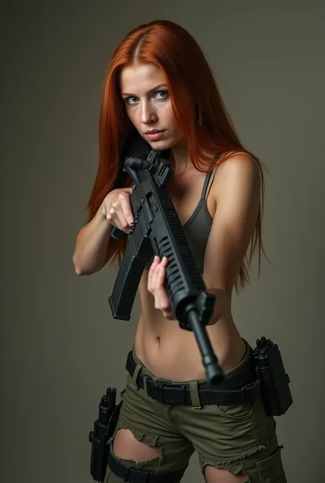 A thin girl with long plain hair and big breasts stands in an agressive position, taking a realistic photo. Wears nothing at the top, and tactical trousers, torn at the hip.  Shows her naked big breasts. She is an european redhead. Wields an m16. Looks to ...