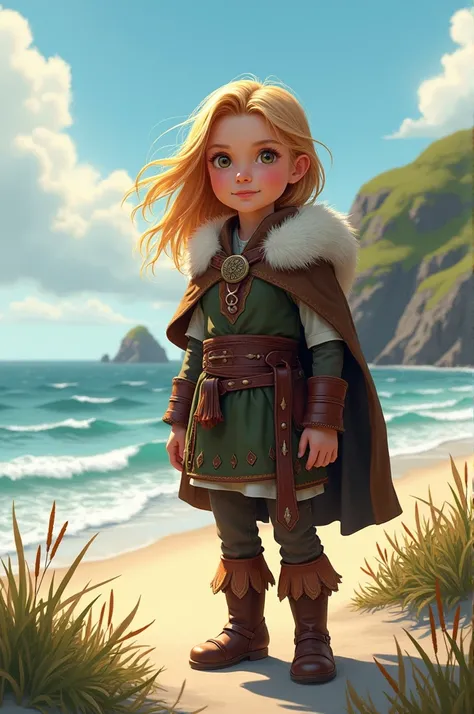 Create an image of a girl in a Viking suit on the beach 