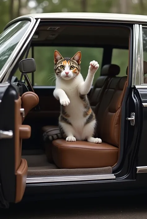 Beautiful cat sitting in a limousine and coming out waving hands like human.