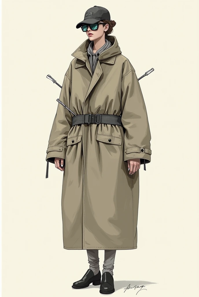  Oversized jacket drawing with waist adjustment system in neutral colors and magnifying glasses 
